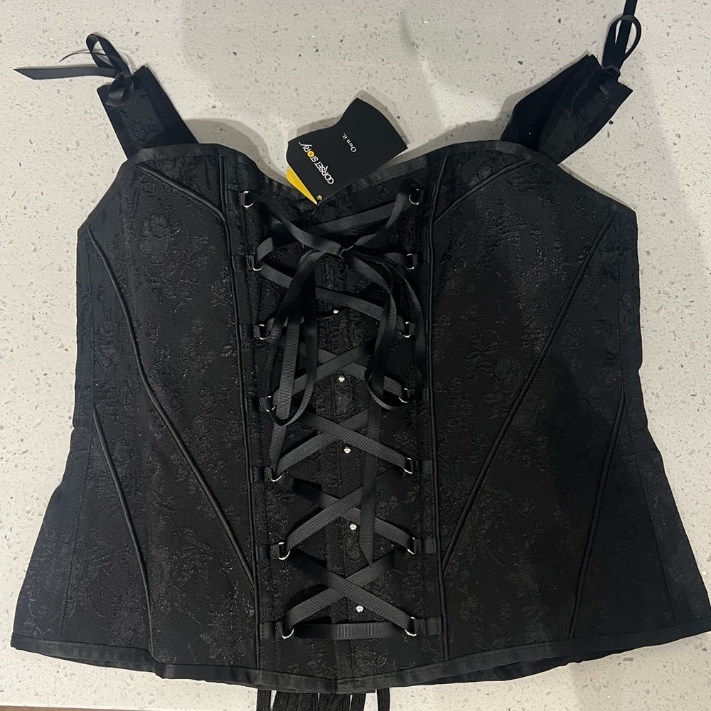 Corset Story Black Brocade VINTAGE STYLE OVERBUST CORSET W SHOULDER STRAPS US 18